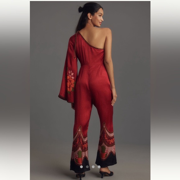NWT FARM RIO X ANTHROPOLOGIE One Shoulder Printed Satin Jumpsuit - Picture 10 of 13